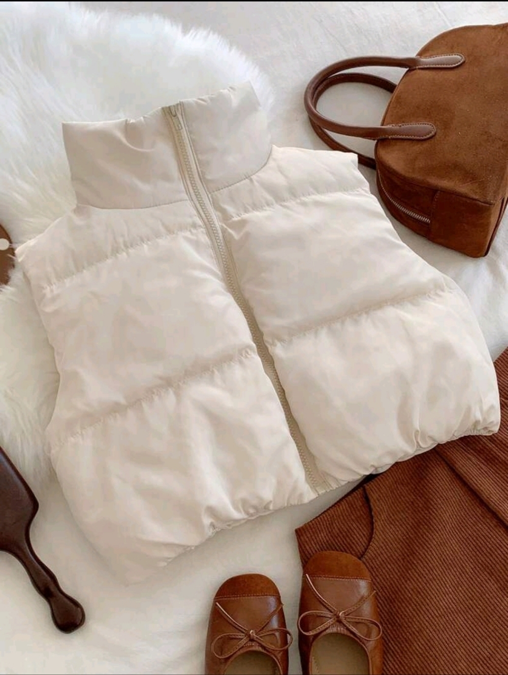 Cream Puffer Vest - Sleeveless Zip Front